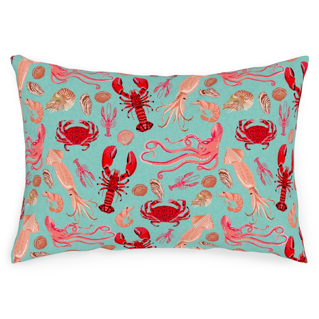 Ocean Creatures - Red on Green Outdoor Pillow, 14x20, Single Sided, Red