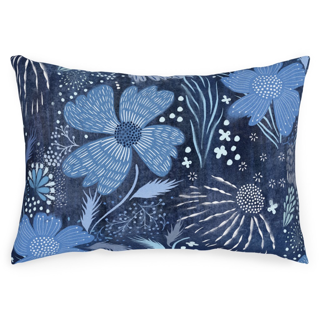 Shibori Flower Abundance - Blue Outdoor Pillow, 14x20, Single Sided, Blue