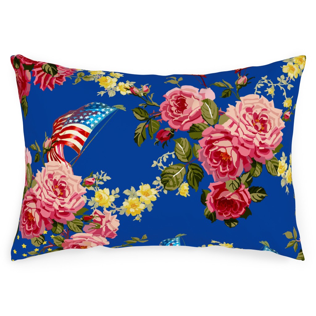 Americana Summer Roses - Blue Outdoor Pillow, 14x20, Single Sided, Blue