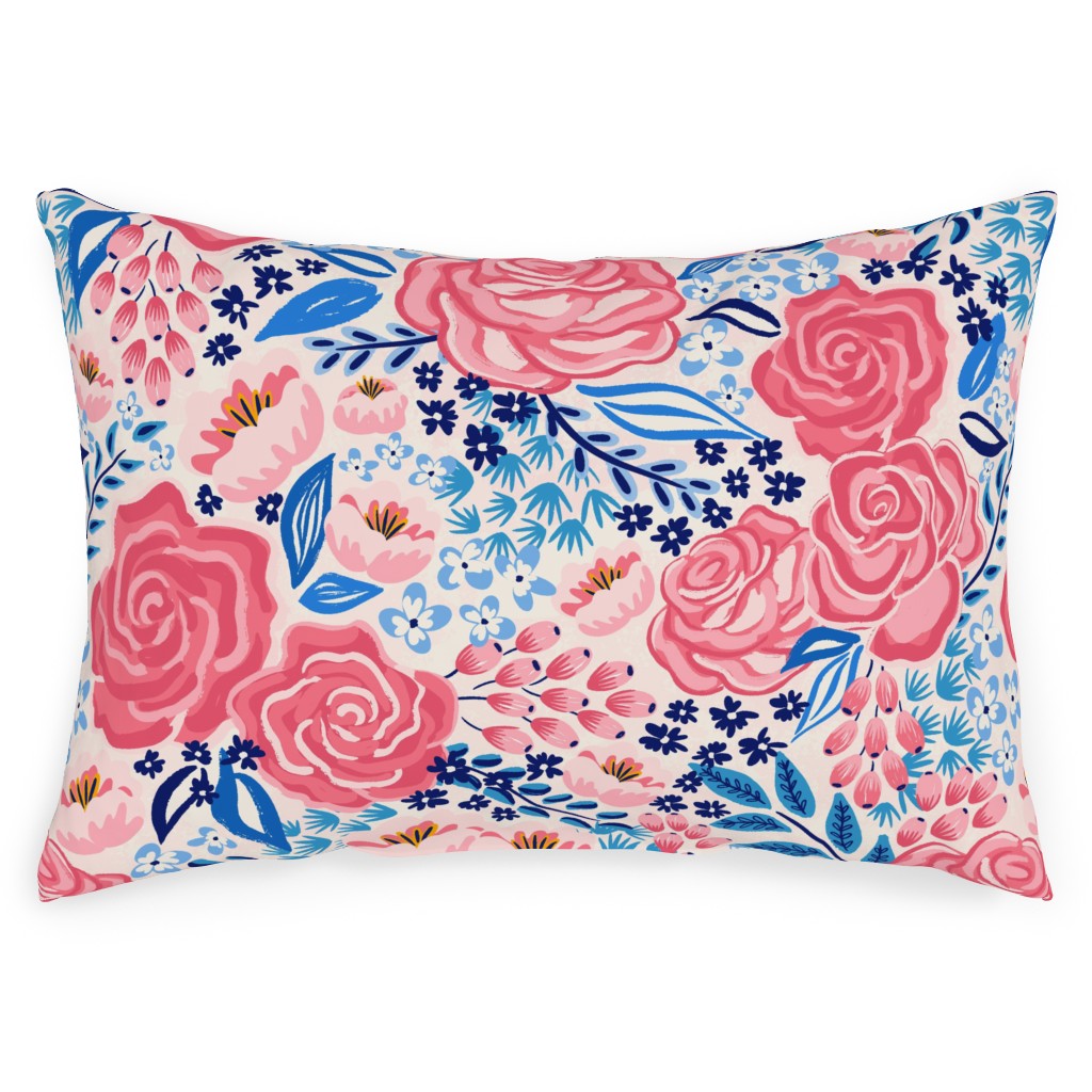 Chintz Roses - Coral and Blue Outdoor Pillow, 14x20, Single Sided, Pink