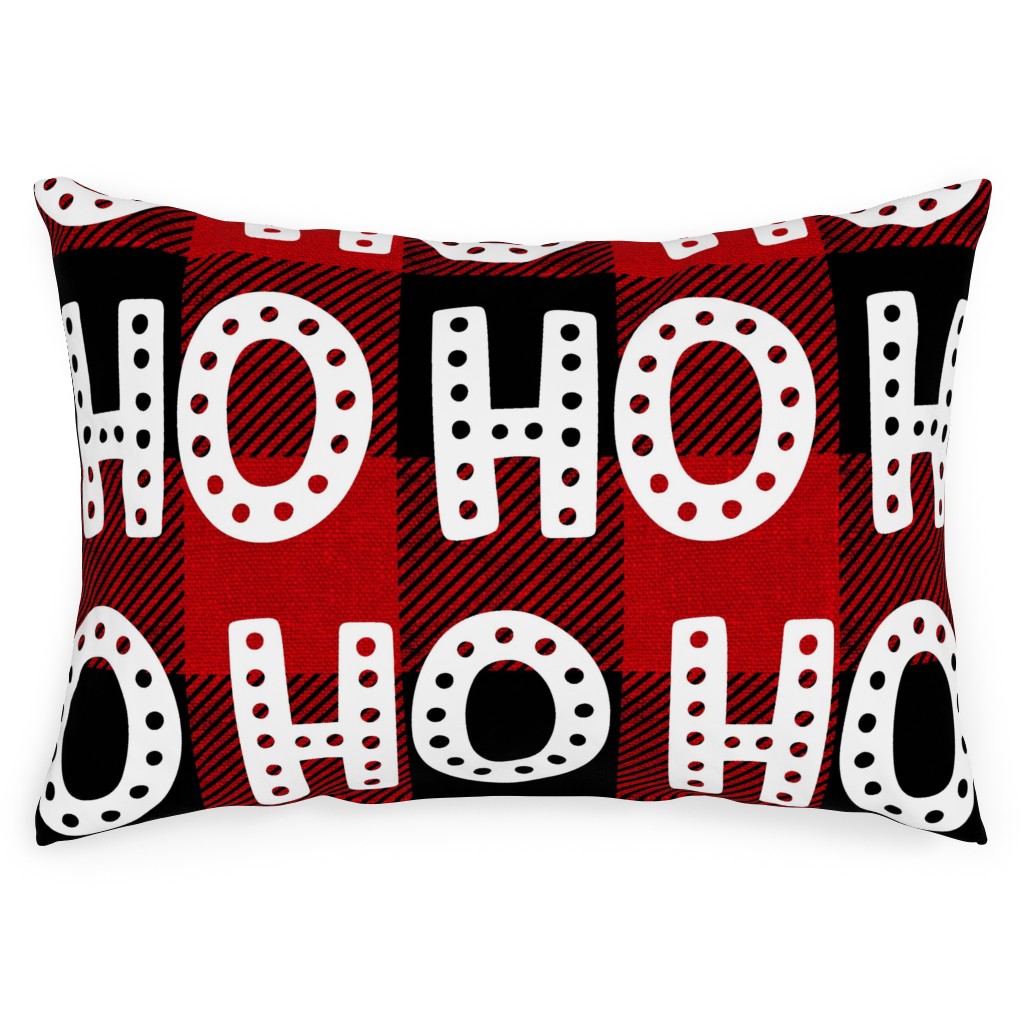 Buffalo Plaid Ho Ho Ho - Red and Black Outdoor Pillow, 14x20, Double Sided, Red