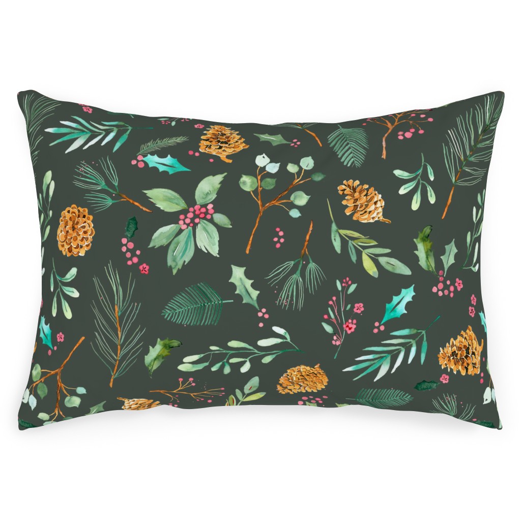 Christmas Holiday Botanical on Dark Green Outdoor Pillow, 14x20, Double Sided, Blue
