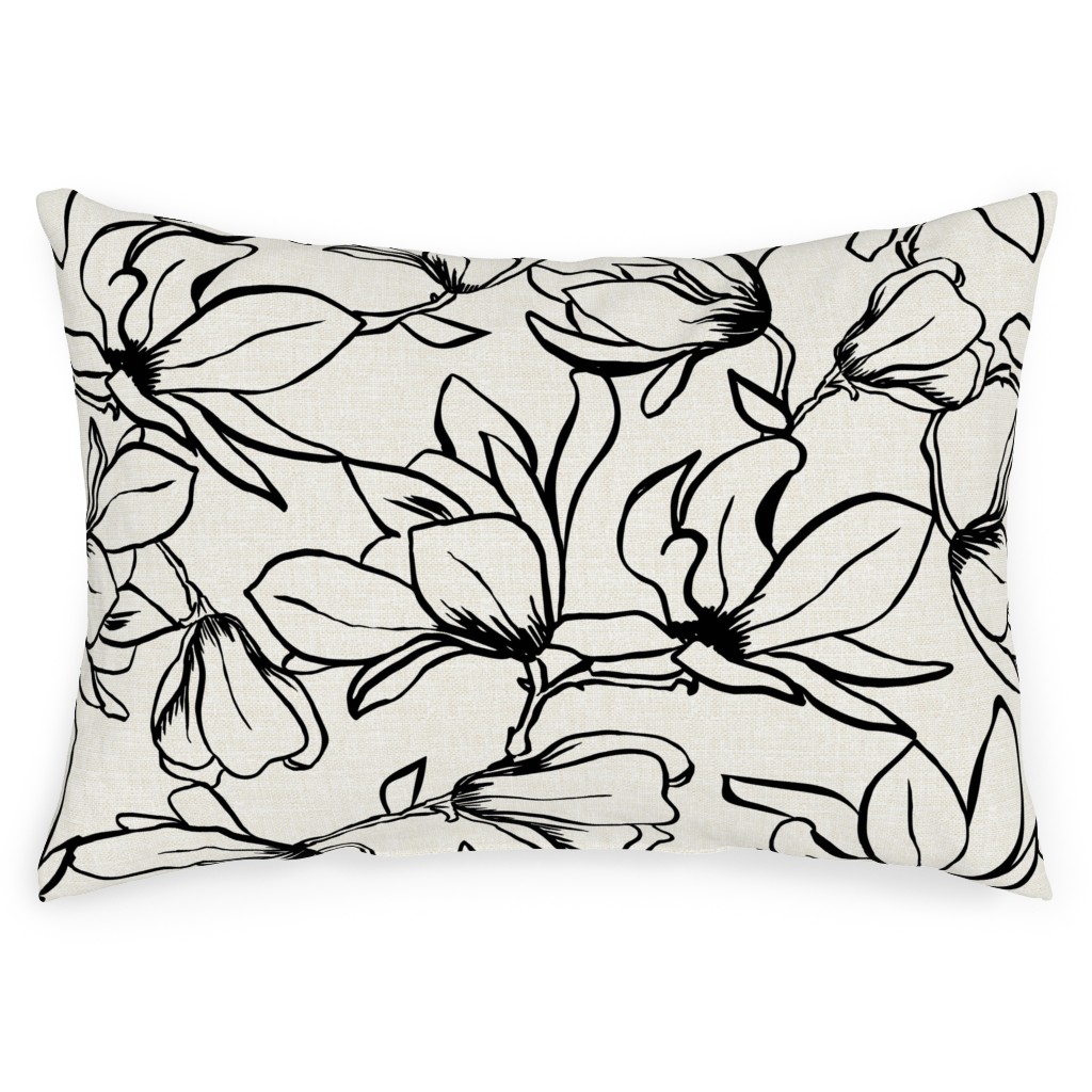 Magnolia Garden - Textured - White & Black Outdoor Pillow, 14x20, Double Sided, Beige