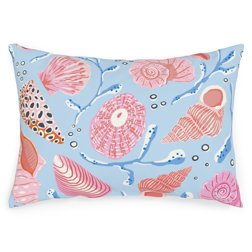 Seashells - Pink on Blue Outdoor Pillow, 14x20, Double Sided, Blue