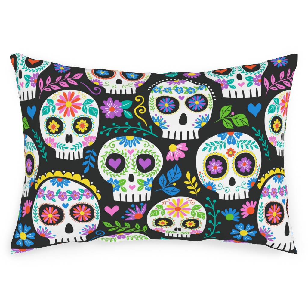 Floral Skull - Multi Outdoor Pillow, 14x20, Double Sided, Multicolor