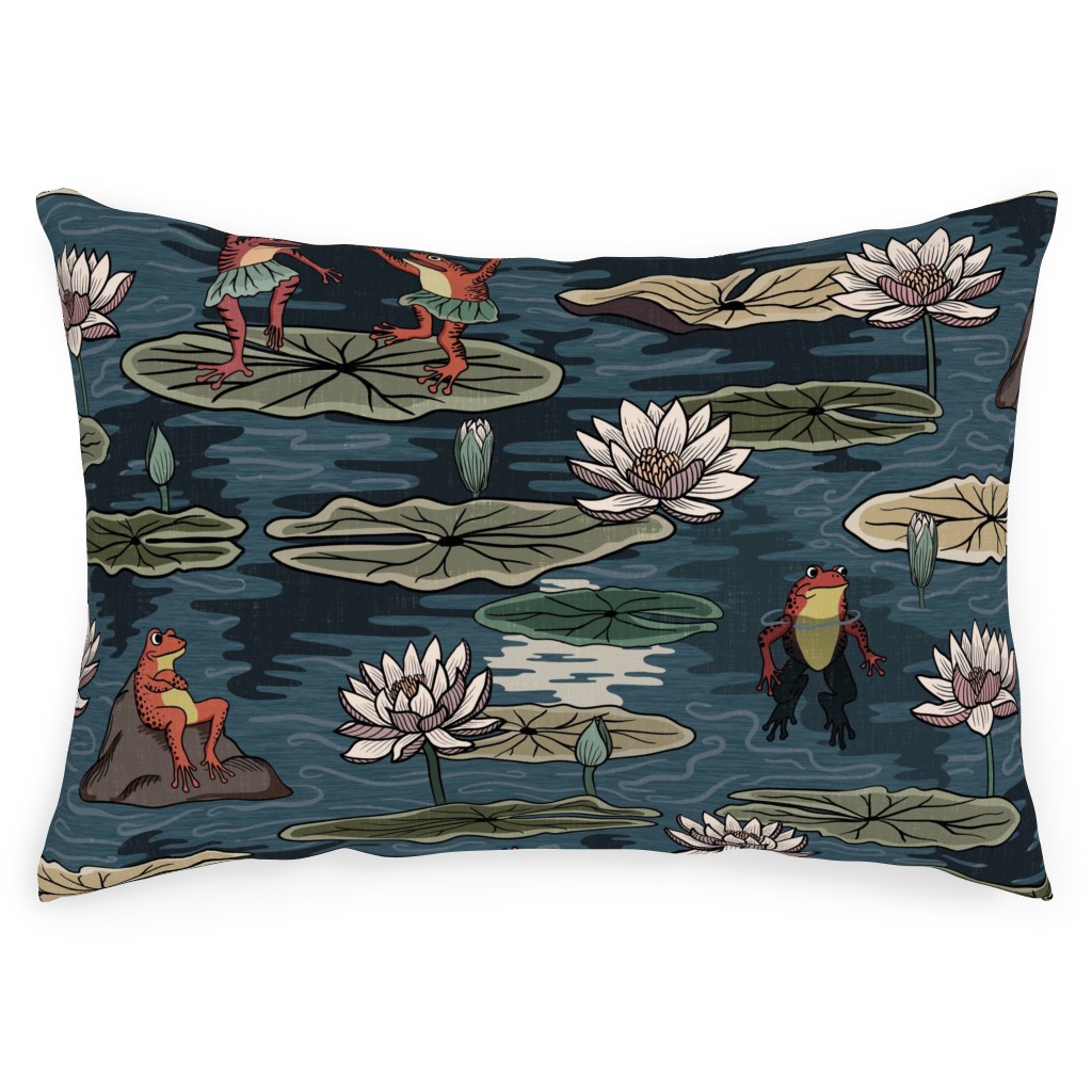 Quirky Frogs Dancing in the Moonlight on Lily Pads Outdoor Pillow, 14x20, Double Sided, Blue
