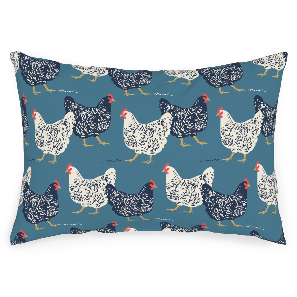 Farmhouse Chickens on Blue Outdoor Pillow, 14x20, Double Sided, Blue