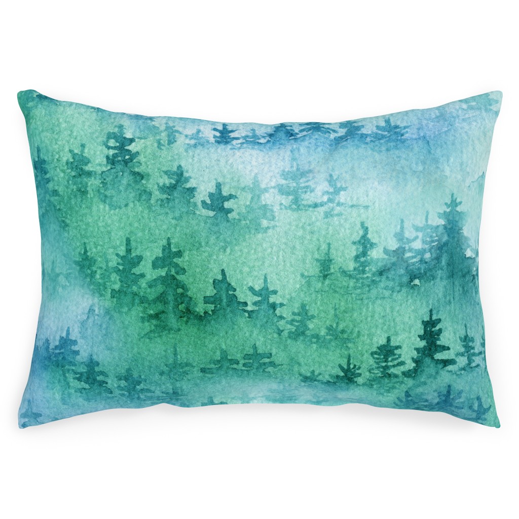 Foggy Forest - Blue and Green Outdoor Pillow, 14x20, Double Sided, Green