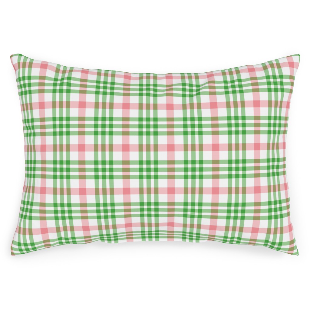 Pink, Green, and White Plaid Outdoor Pillow, 14x20, Double Sided, Green