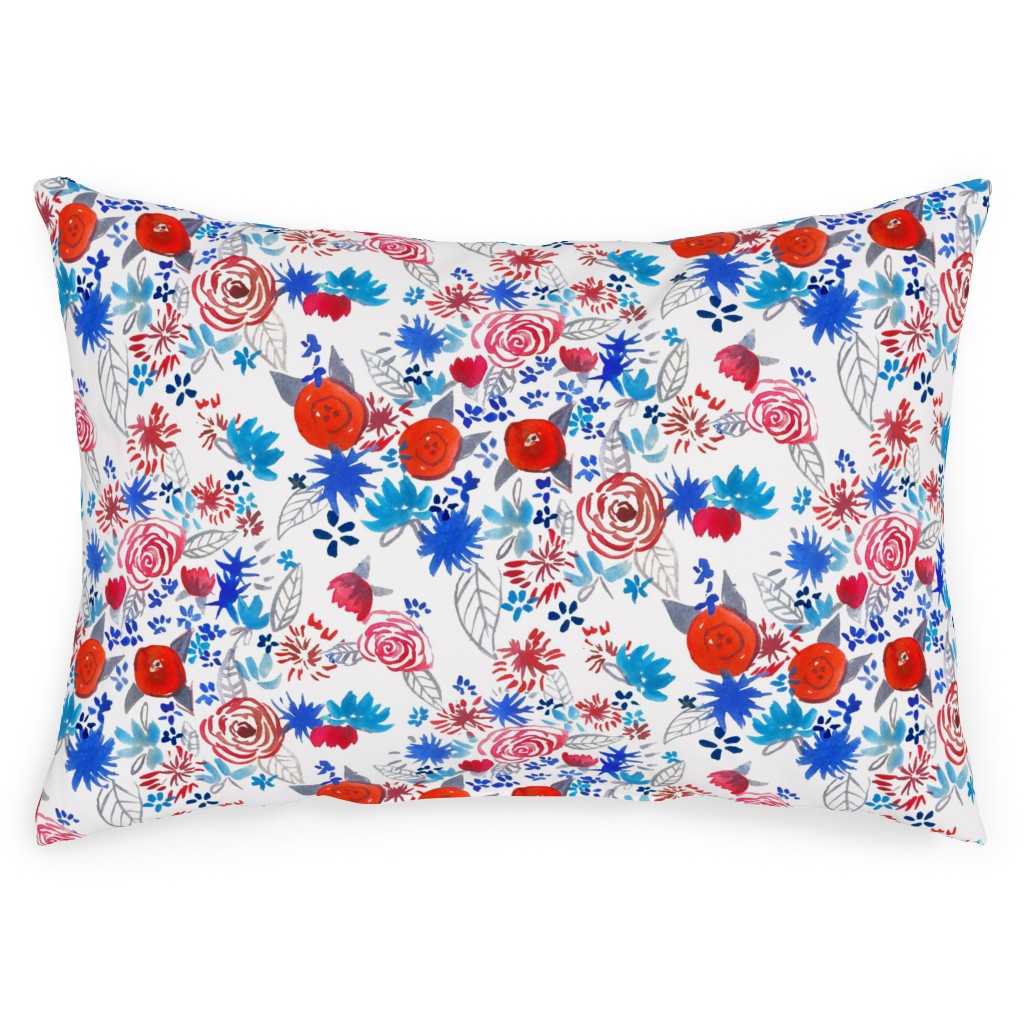 Patriotic Watercolor Floral - Red White and Blue Outdoor Pillow, 14x20, Double Sided, Multicolor