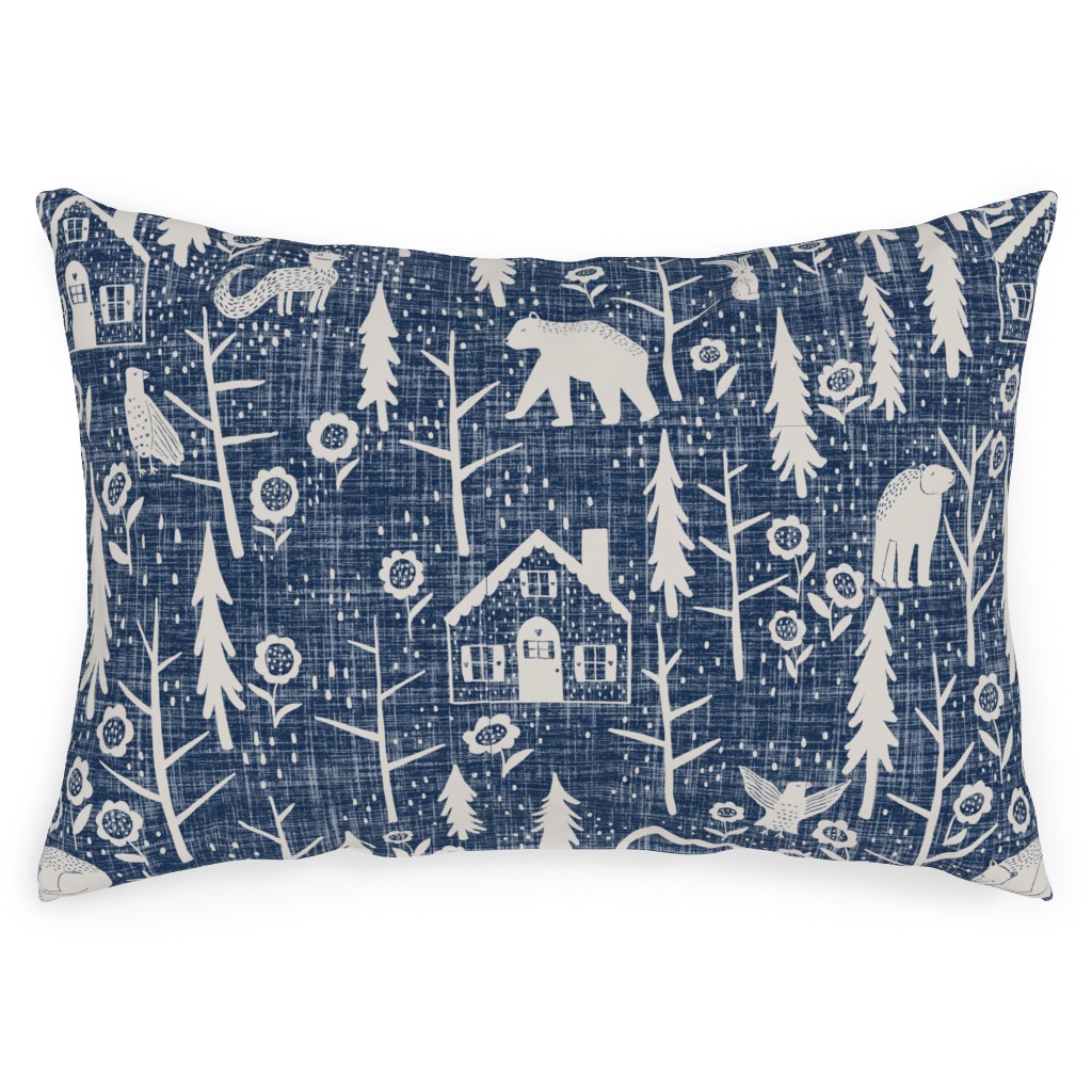 Gingerbread Forest - White on Blue Outdoor Pillow, 14x20, Double Sided, Blue