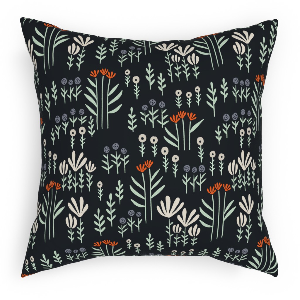 Delicate Floral - Orange and White Outdoor Pillow, 18x18, Single Sided, Black