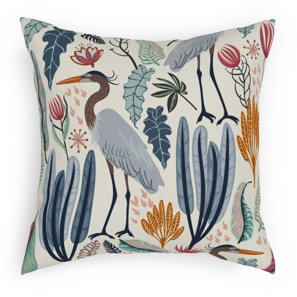 Heron and Plants - Multi Outdoor Pillow, 18x18, Single Sided, Multicolor