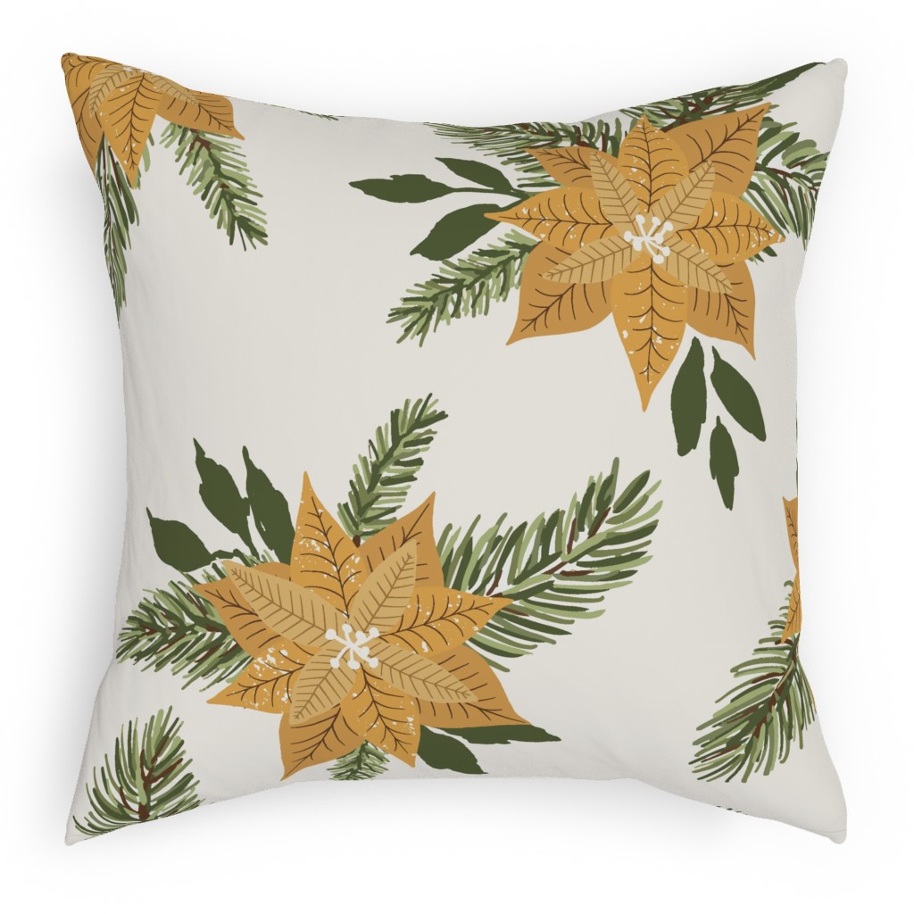 Golden Poinsettia Christmas Flowers Outdoor Pillow, 18x18, Single Sided, Yellow