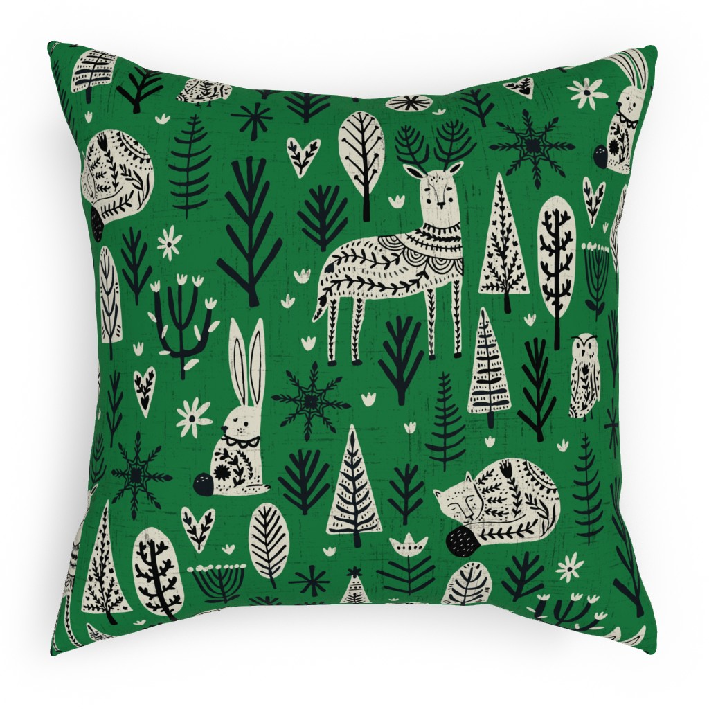 Scandi Snowflake Holiday - Alligator Green With Vanilla & Black Outdoor Pillow, 18x18, Single Sided, Green