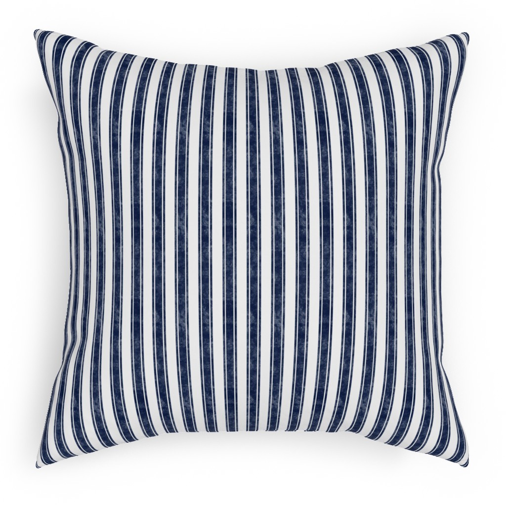 Vertical French Ticking Textured Pinstripes in Dark Midnight Navy and White Outdoor Pillow, 18x18, Single Sided, Blue