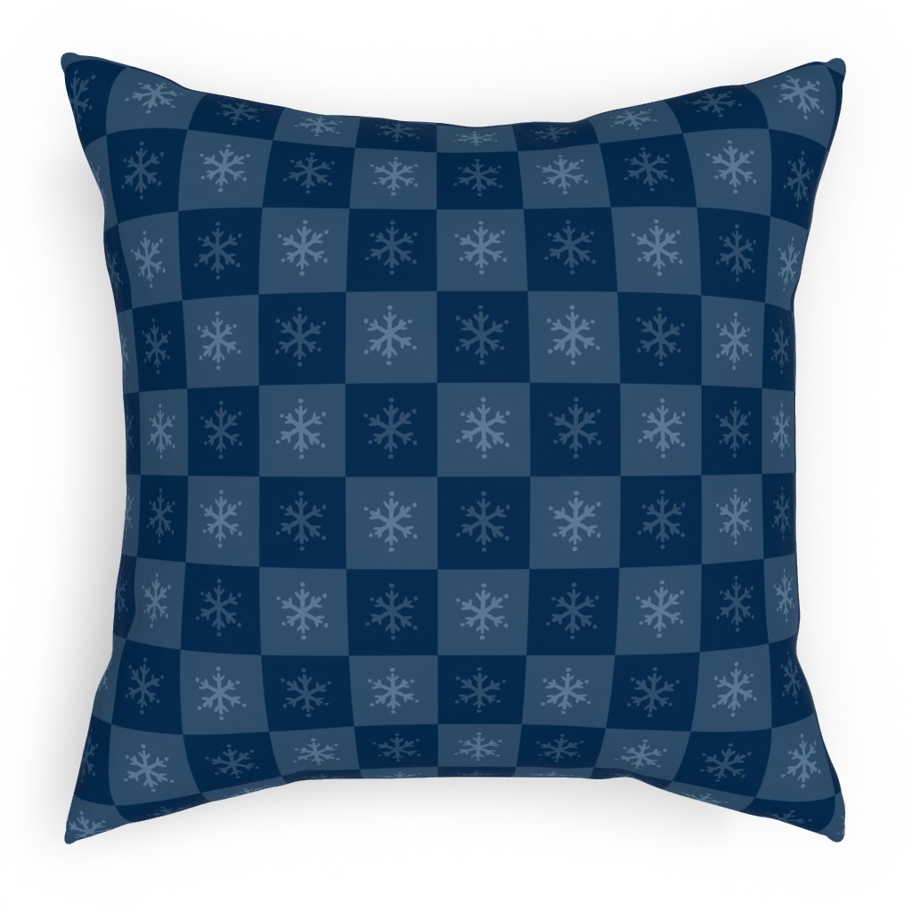 Scandi Cozy Winter Checkered Blue Snowflake Outdoor Pillow, 18x18, Single Sided, Blue