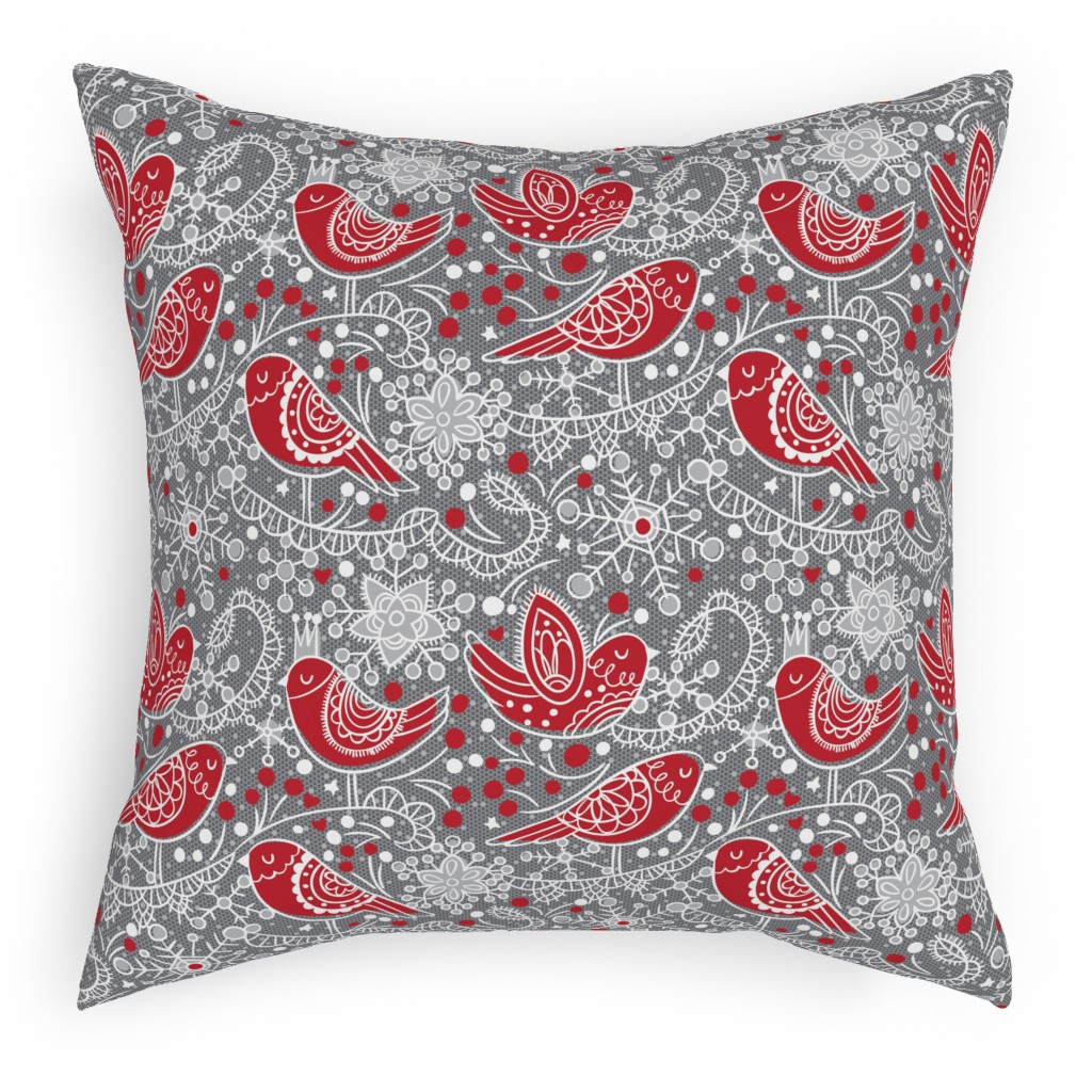 Winter Frost Lace - Gray and Red Outdoor Pillow, 18x18, Single Sided, Red