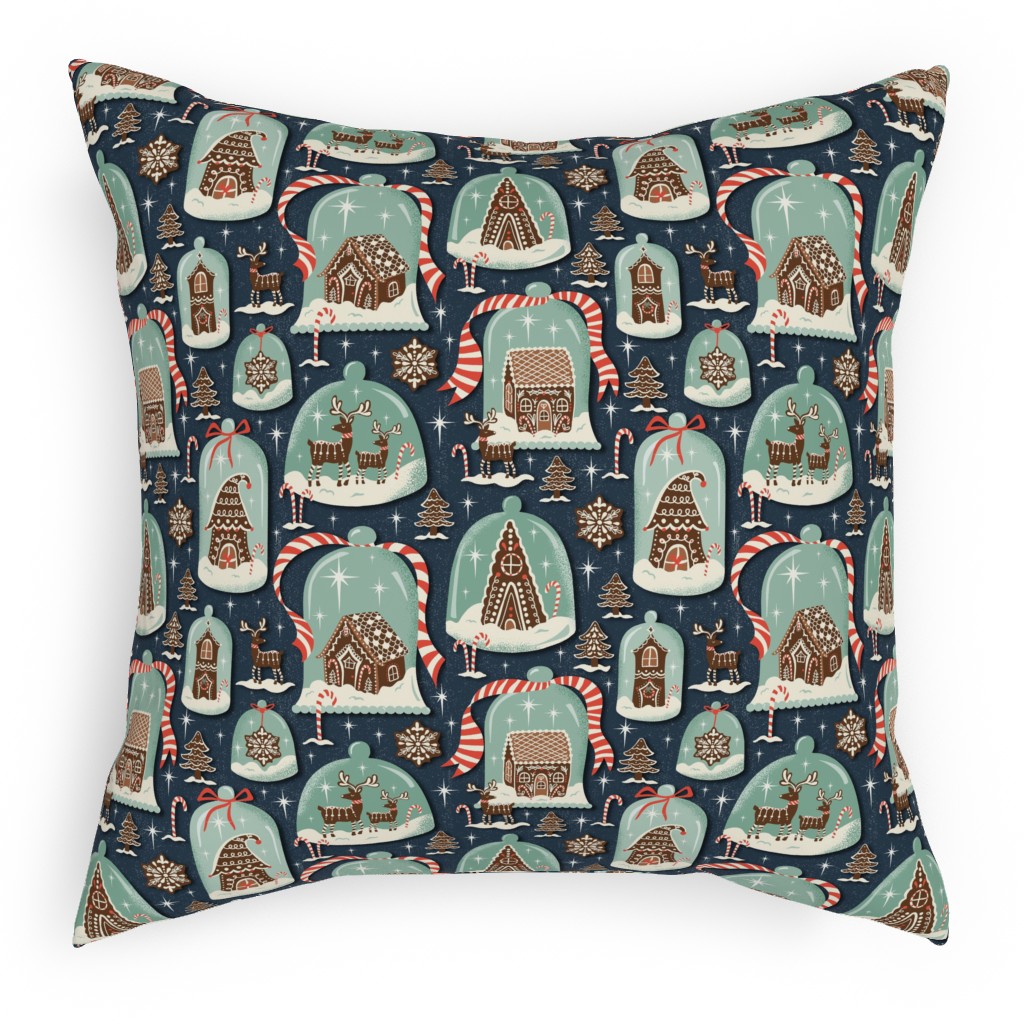 Christmas Gingerbread Village - Blue Outdoor Pillow, 18x18, Single Sided, Multicolor