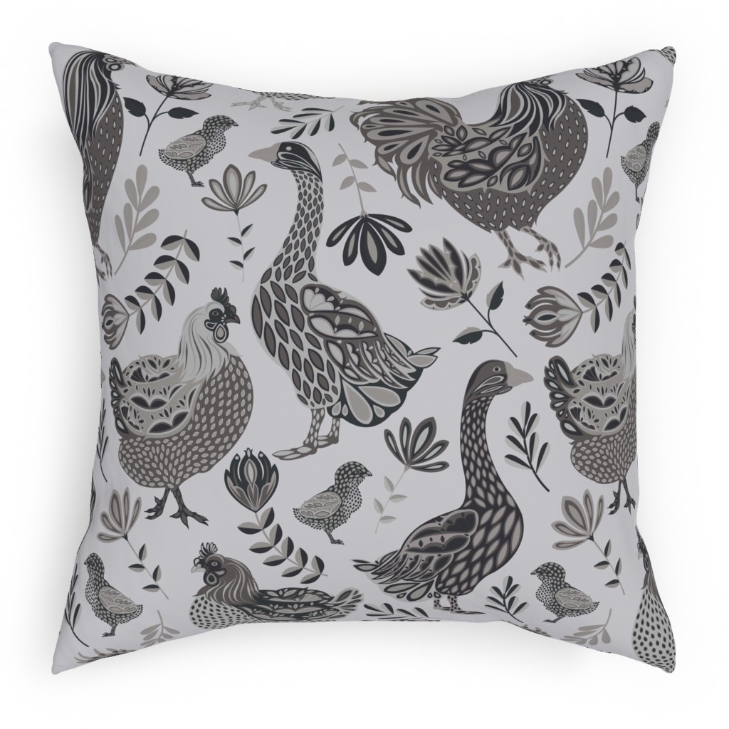 French Farm Birds - Greyscale Outdoor Pillow, 18x18, Double Sided, Gray