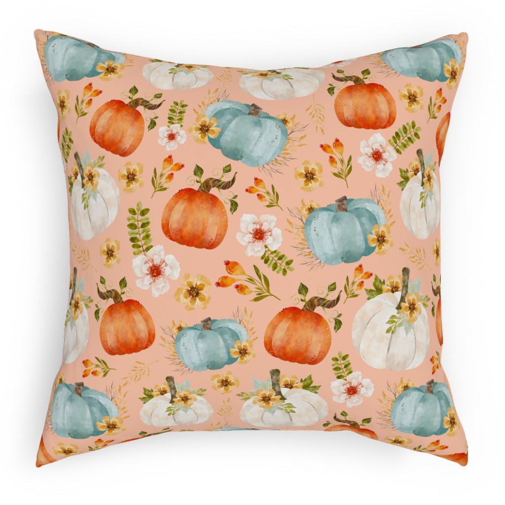 Rustic Farmhouse Pumpkins on Pale Peach Outdoor Pillow, 18x18, Double Sided, Orange