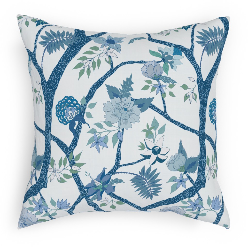 Peony Branch Mural - Blue and Green Outdoor Pillow, 18x18, Double Sided, Blue