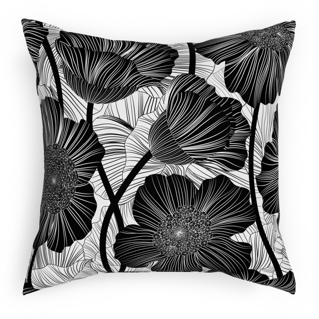 Mid Century Modern Floral - Black and White Outdoor Pillow, 18x18, Double Sided, Black