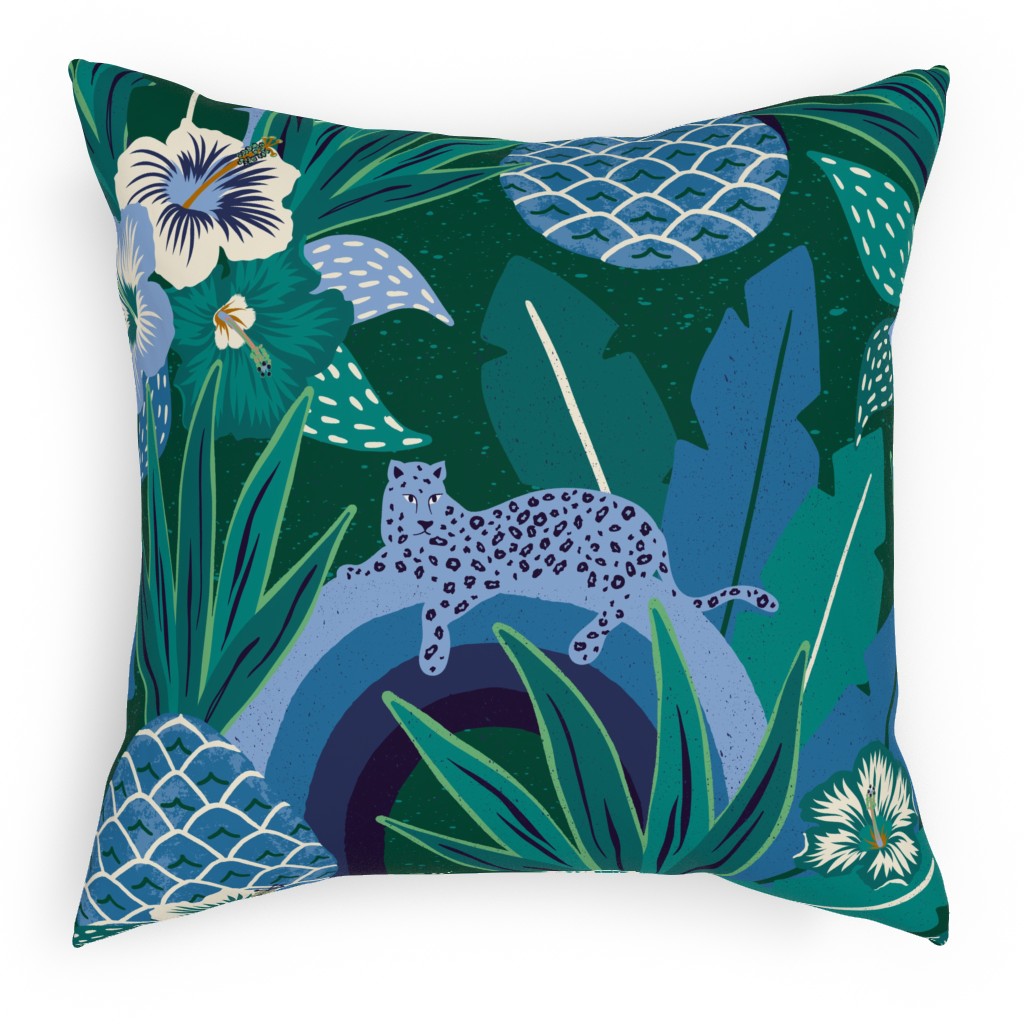 Tropical Fantasy - Blue Green Outdoor Pillow, 18x18, Double Sided, Green