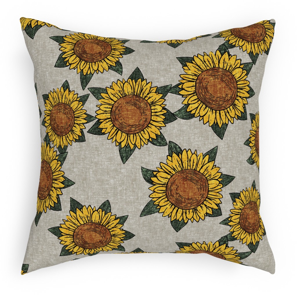 Sunflowers - Summer Flowers - Beige Outdoor Pillow, 18x18, Double Sided, Orange