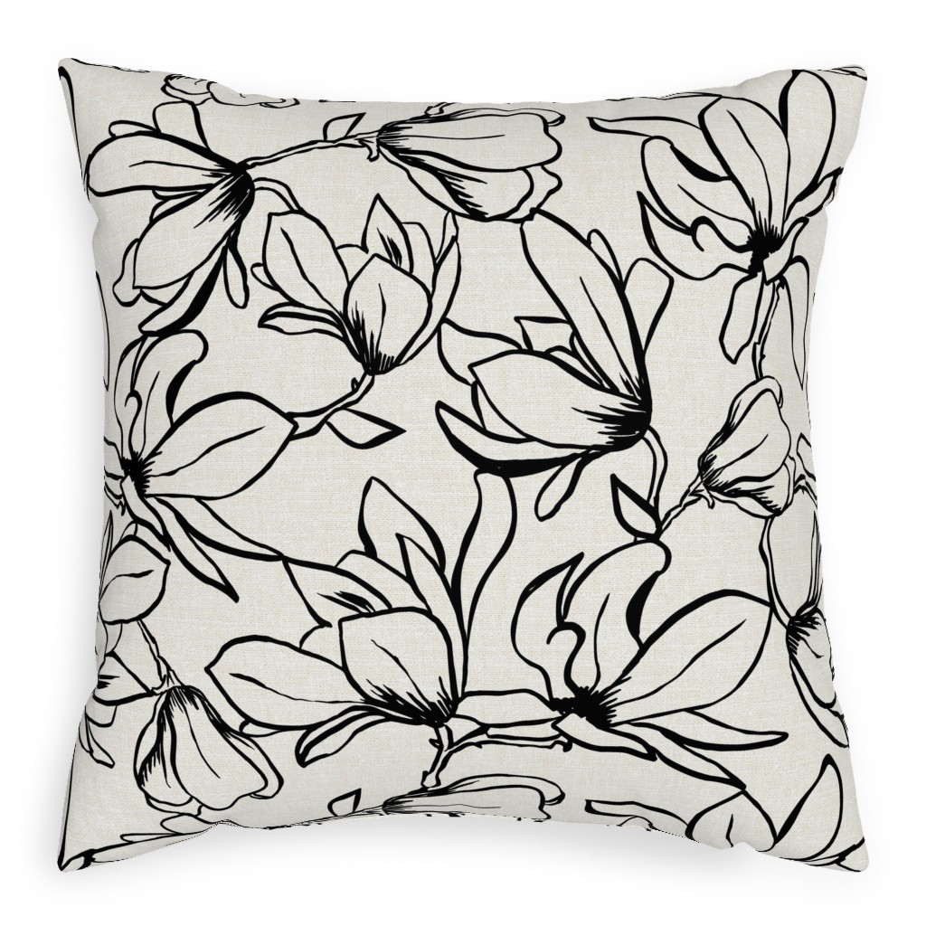 Magnolia Garden - Textured - White & Black Outdoor Pillow, 20x20, Single Sided, Beige