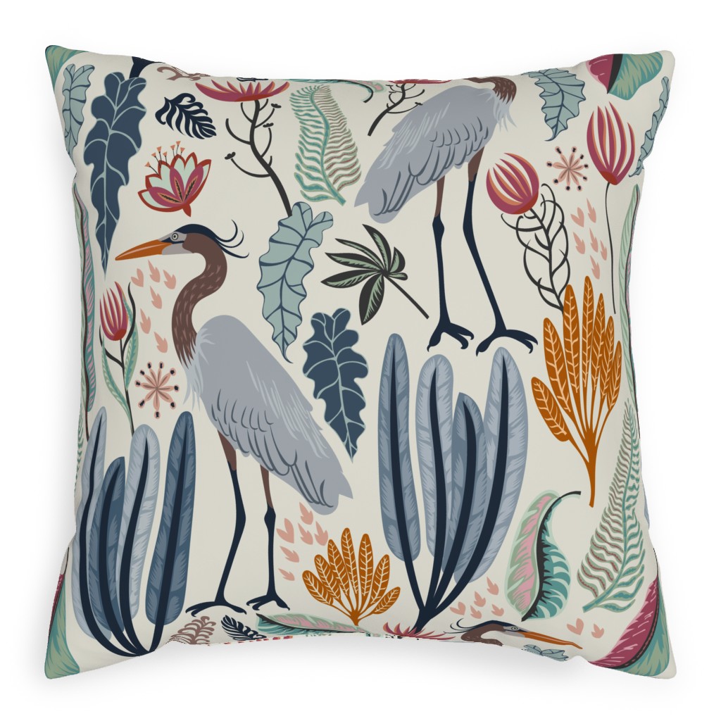 Heron and Plants - Multi Outdoor Pillow, 20x20, Single Sided, Multicolor