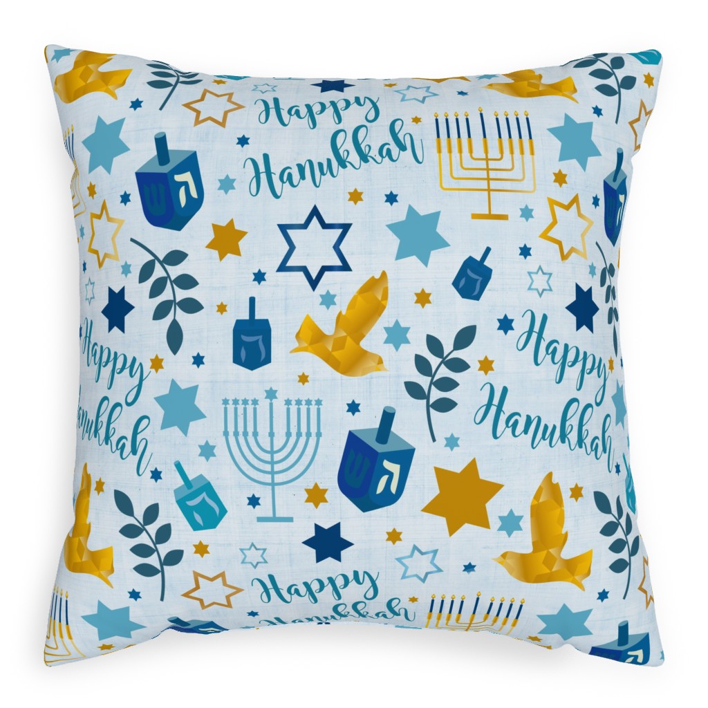 Happy Hanukkah - Multi Outdoor Pillow, 20x20, Single Sided, Blue