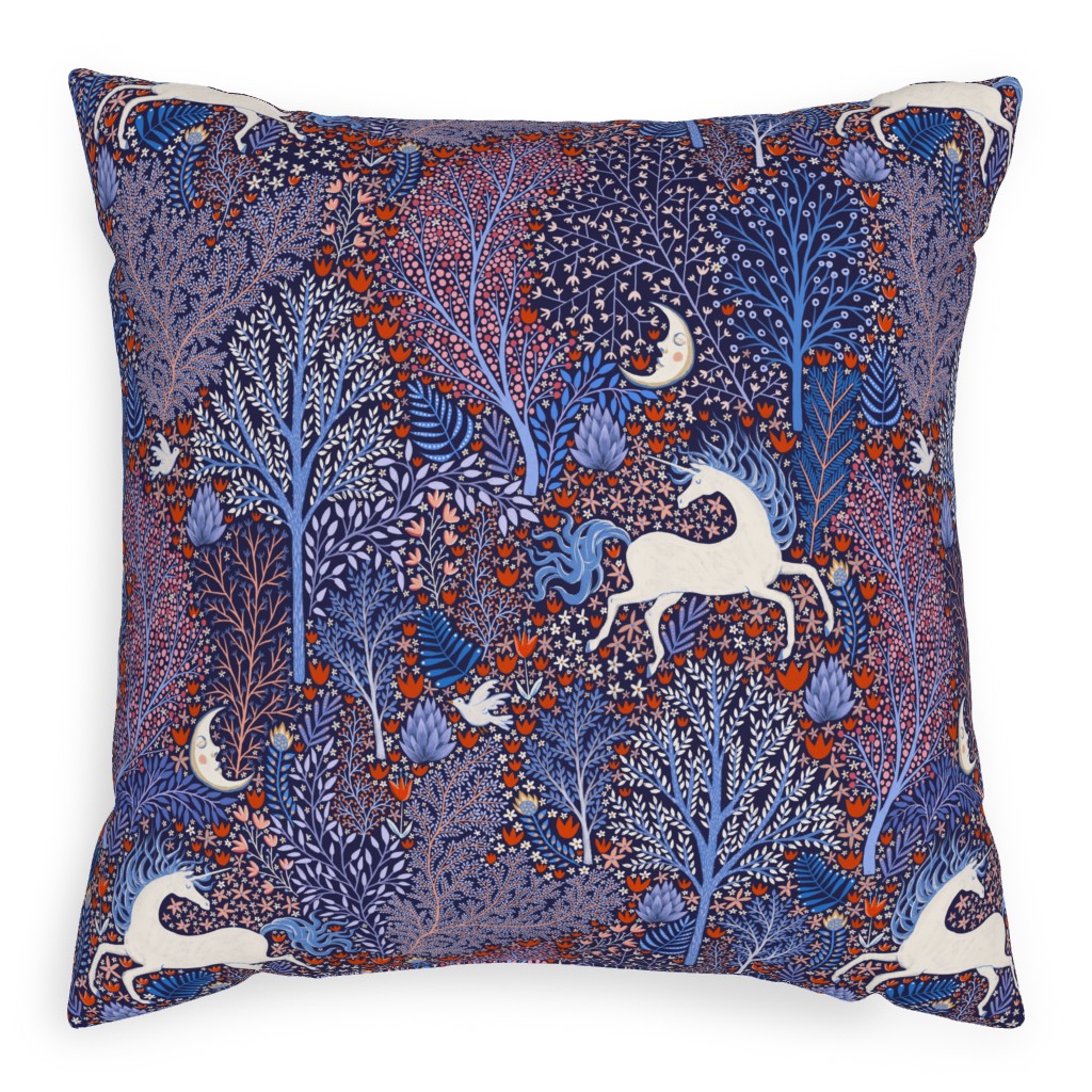 Unicorn in Nocturnal Forest - Purple Outdoor Pillow, 20x20, Single Sided, Purple