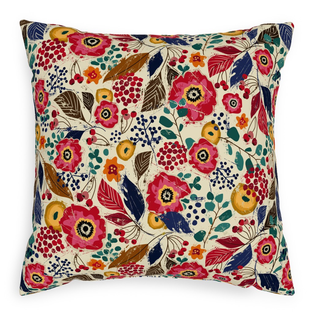 Botanical Block Print Outdoor Pillow, 20x20, Single Sided, Multicolor