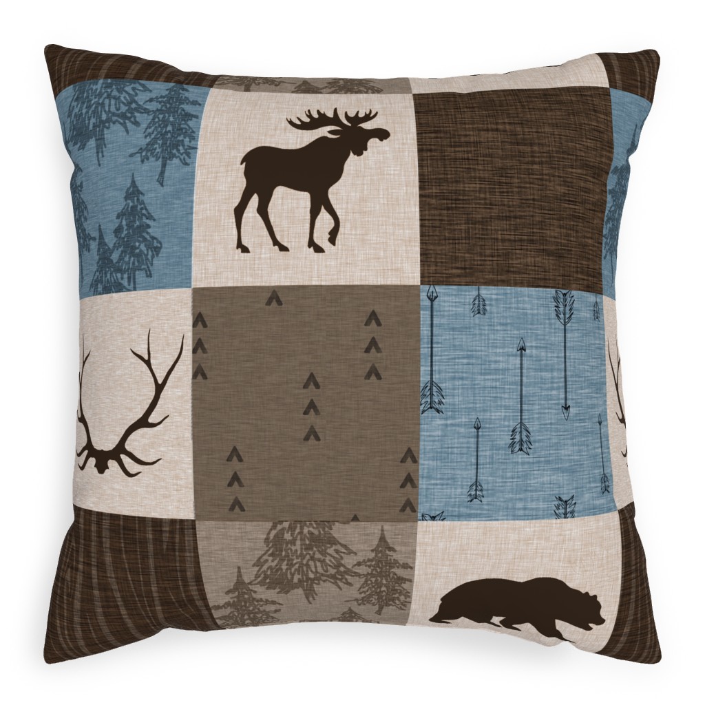 Rustic Woodlands - Blue, Brown and Cream Outdoor Pillow, 20x20, Single Sided, Brown