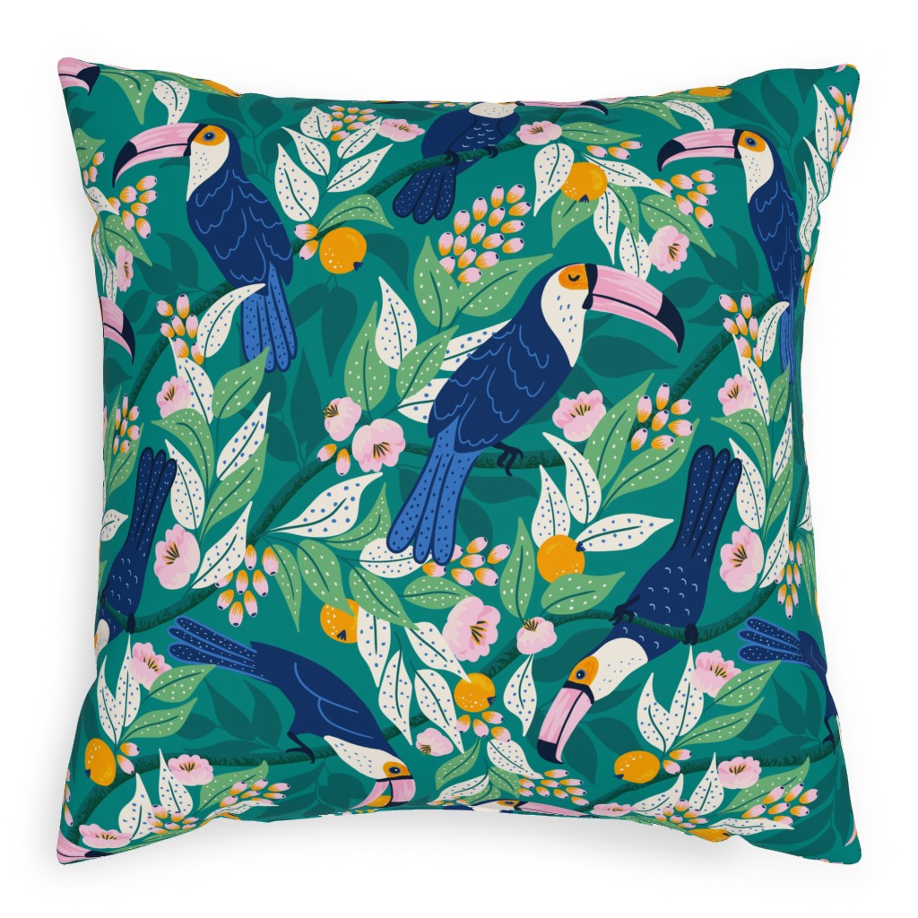 Whimsical Toucan Forest - Dark Outdoor Pillow, 20x20, Single Sided, Multicolor