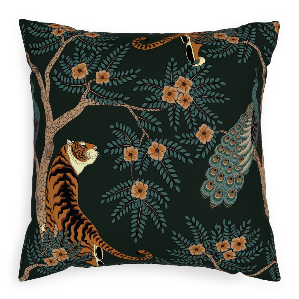 Tiger and Peacock on Black Outdoor Pillow, 20x20, Single Sided, Black