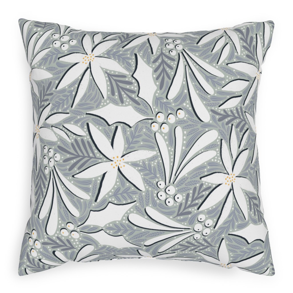 Poinsettia, Holly, & Mistletoe - White & Grey Outdoor Pillow, 20x20, Double Sided, Gray