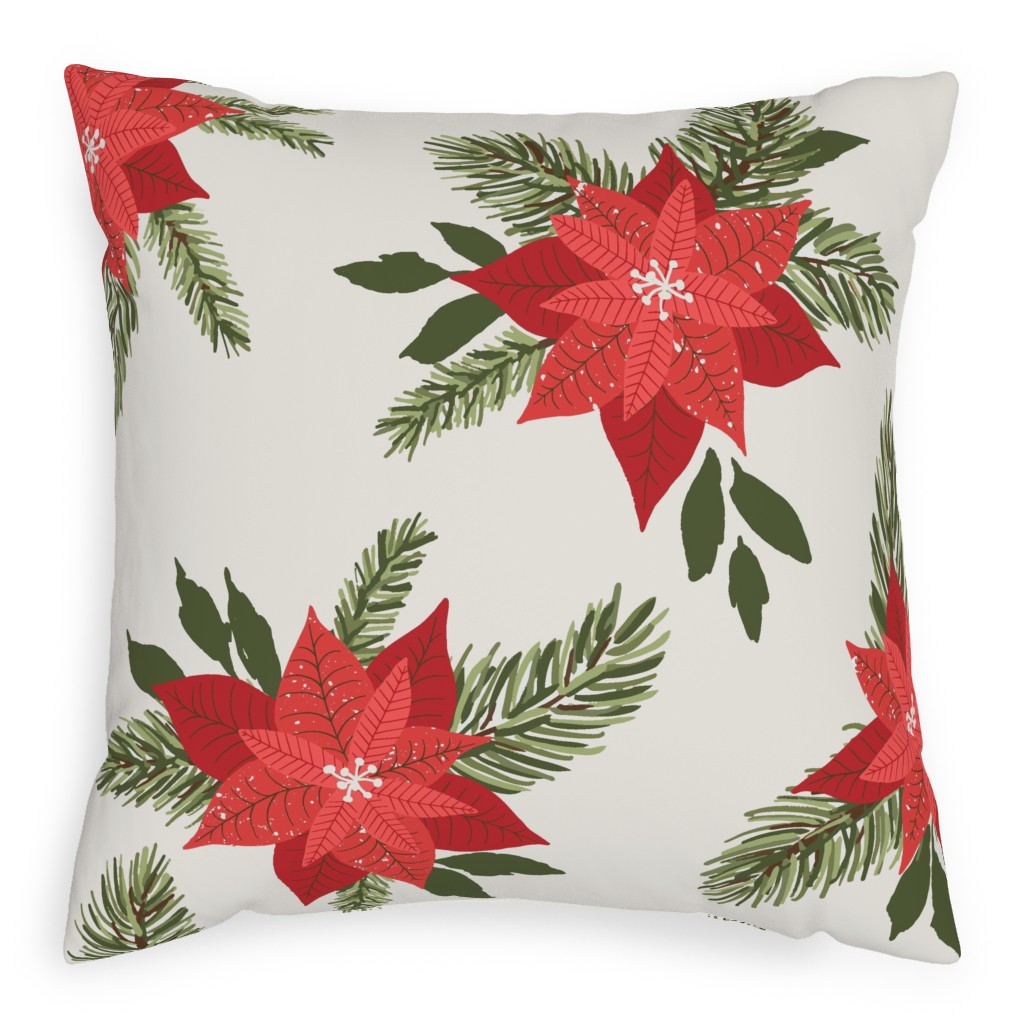 Poinsettia Christmas Flower Outdoor Pillow, 20x20, Double Sided, Beige