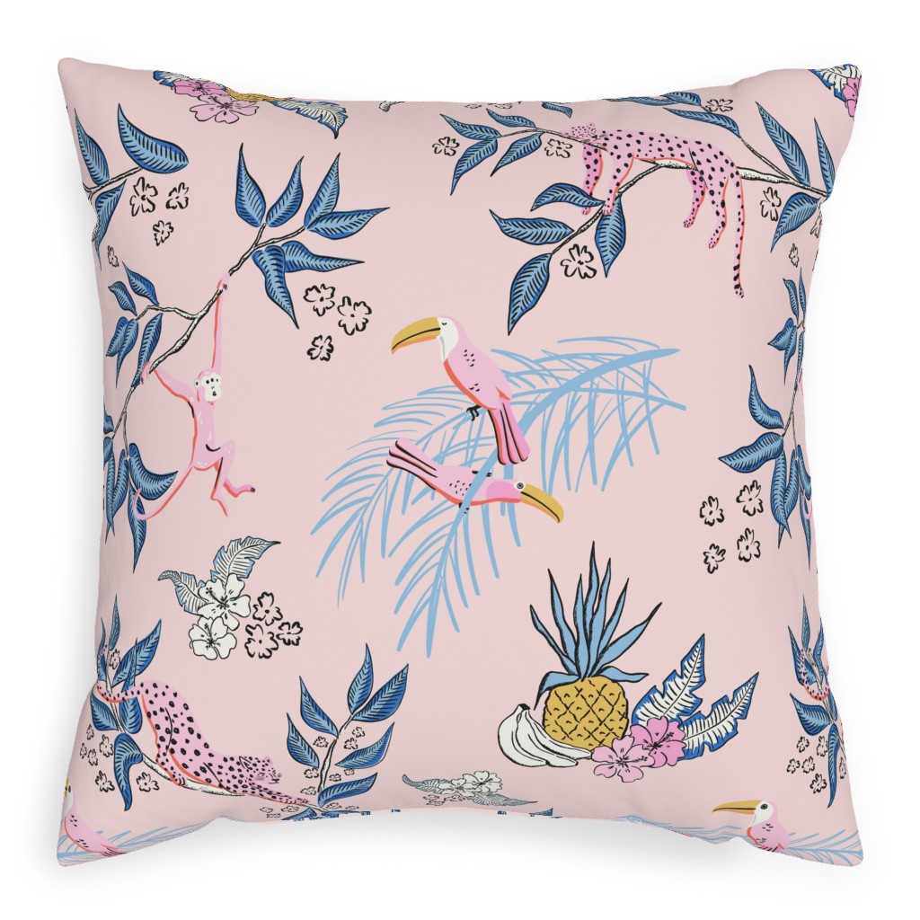 Jungle Toile - Pink Outdoor Pillow, 20x20, Double Sided, Pink