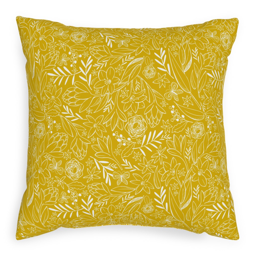 Botanical Floral Sketchbook - Yellow Outdoor Pillow, 20x20, Double Sided, Yellow