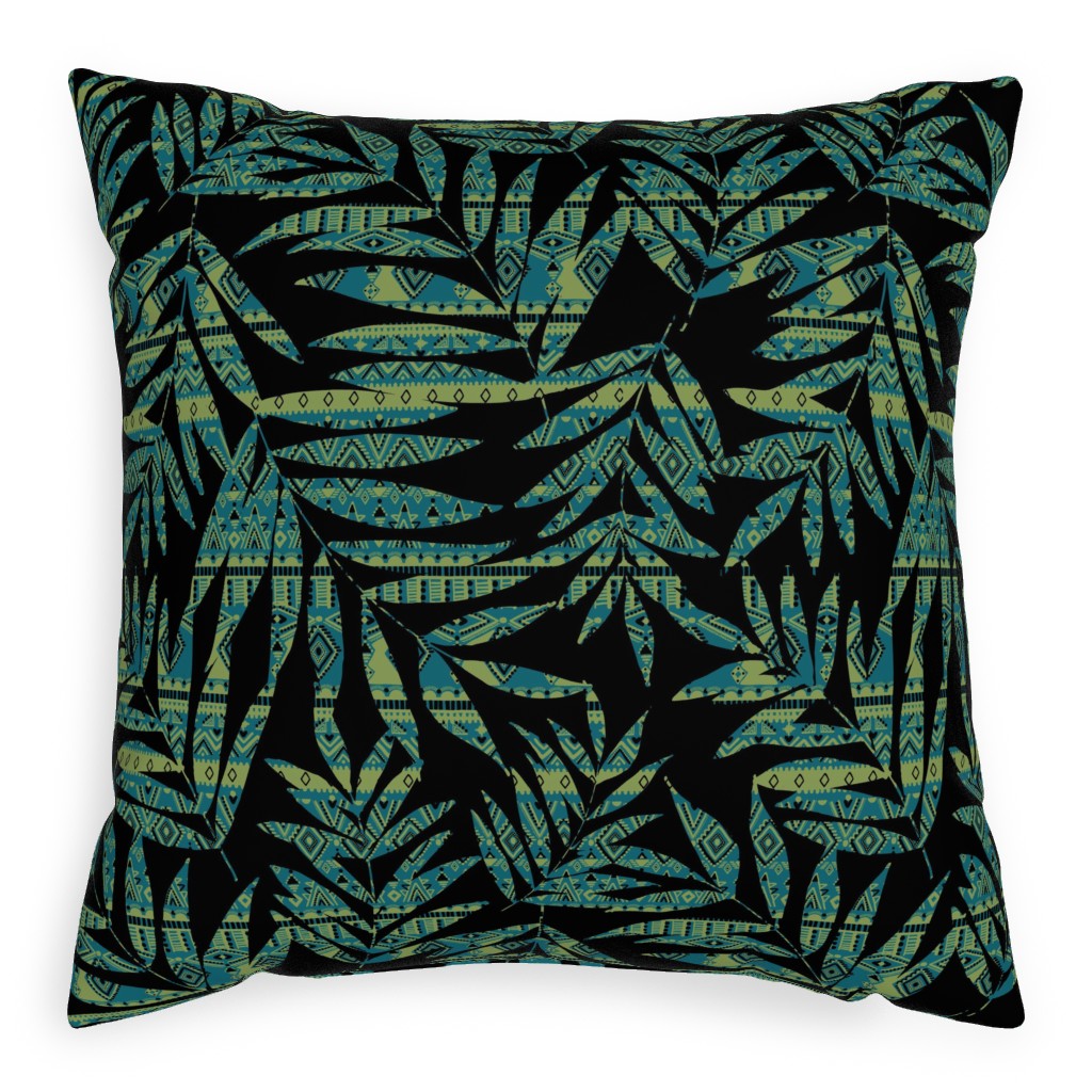 Patterned Palm - Dark Outdoor Pillow, 20x20, Double Sided, Black