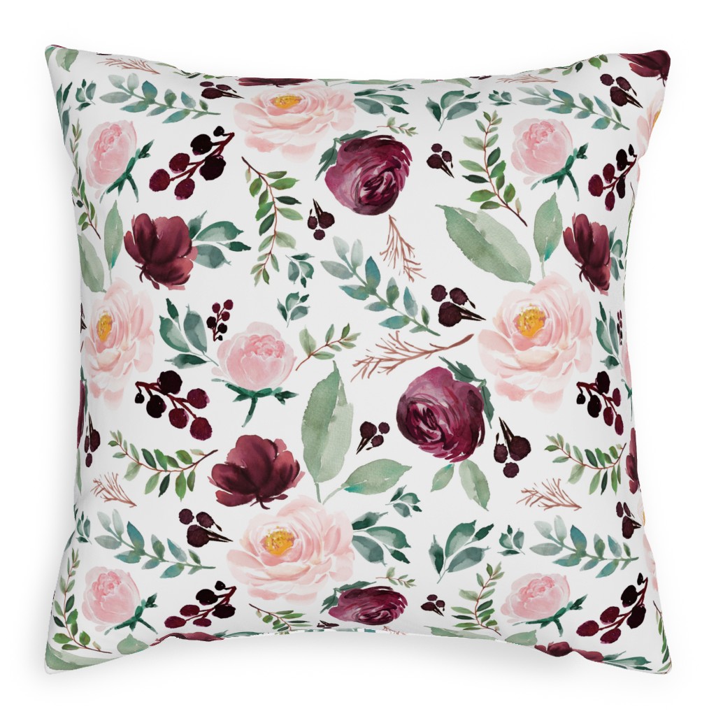 Wild At Heart Florals on White Outdoor Pillow, 20x20, Double Sided, Pink