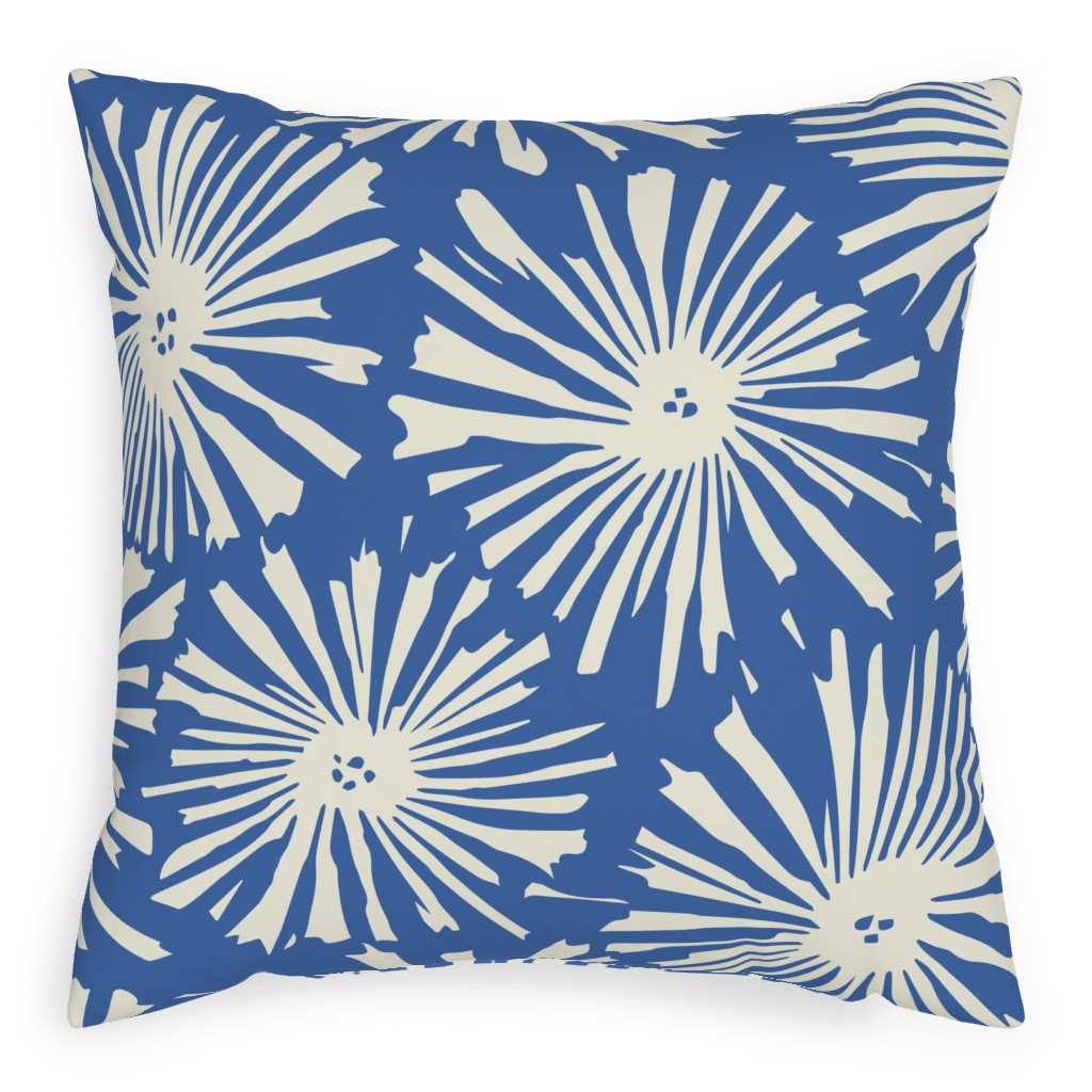 Cactus Blooms - Cream on Blue Outdoor Pillow, 20x20, Double Sided, Blue