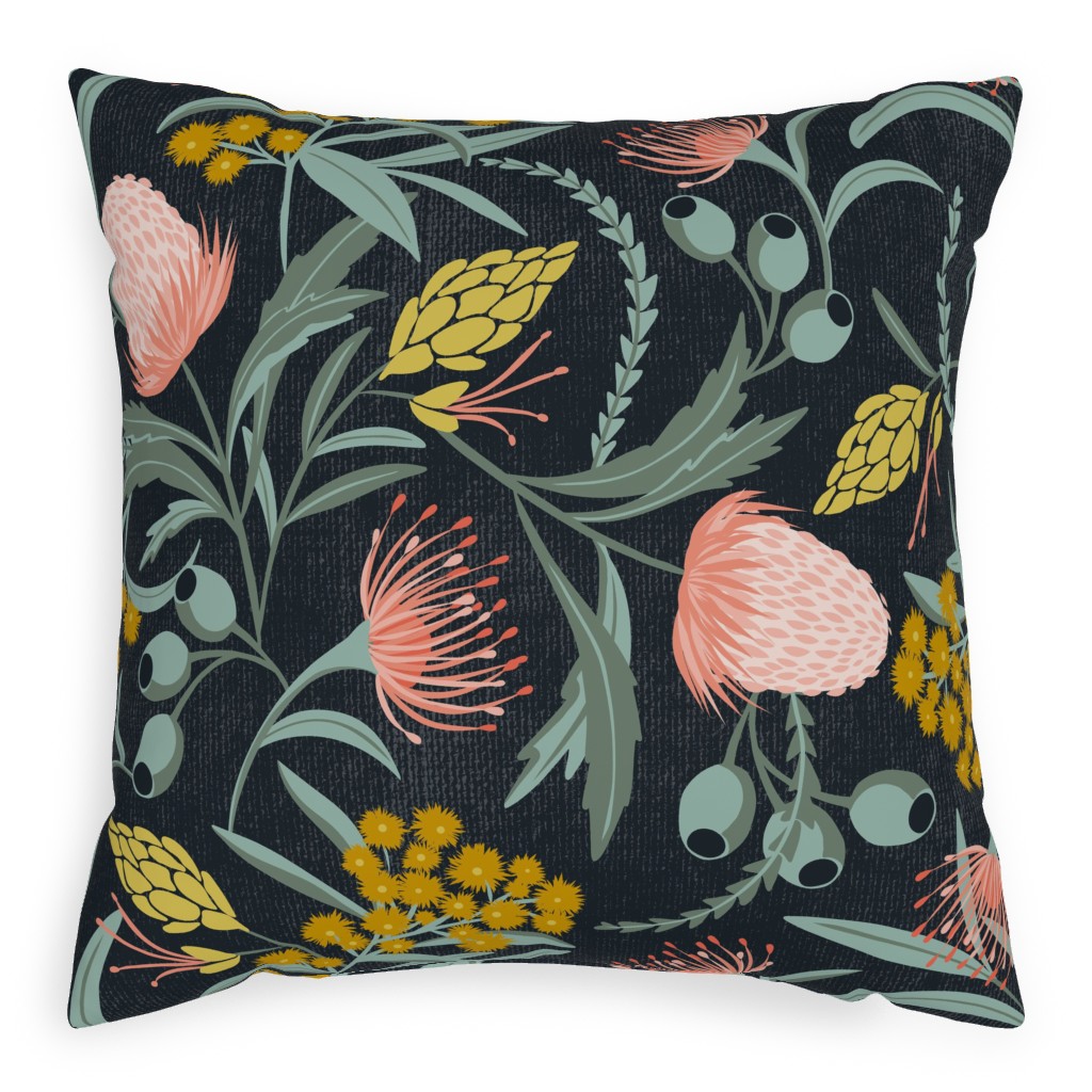 Flora Australis Botanical - Dark Outdoor Pillow, 20x20, Double Sided, Multicolor