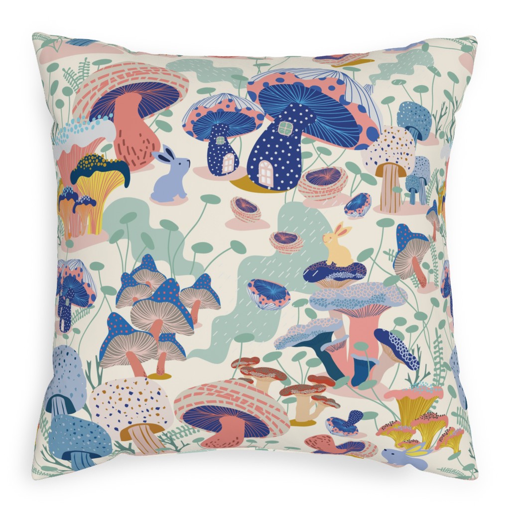 Whimsical Mushroom Village - Multi Outdoor Pillow, 20x20, Double Sided, Multicolor