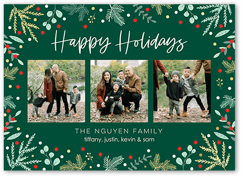 Playful Foliage Holiday Card, Green, 5x7 Flat, Holiday, Pearl Shimmer Cardstock, Square