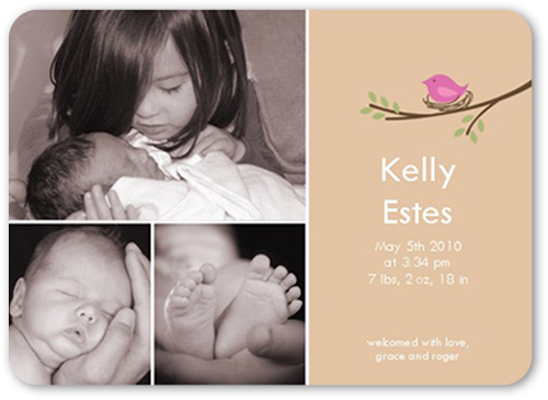 Little Birdie Birth Announcement, Beige, Standard Smooth Cardstock, Rounded, Beige