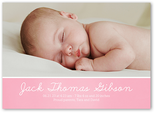 Softly Scripted Birth Announcement, Pink, 5x7 Flat, Pearl Shimmer Cardstock, Square