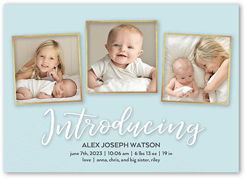 Script Introductions Birth Announcement, Blue, 5x7 Flat, 100% Recycled Cardstock , Square